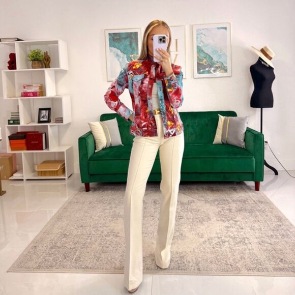 St. John Sport By Marie Gray Abstract Floral Denim Jacket - Picture 7 of 13